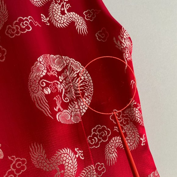 Red Silk Sleeveless Cheongsam Qipao Dress with Silver Dragon Jacquard Pattern - Picture 14 of 14